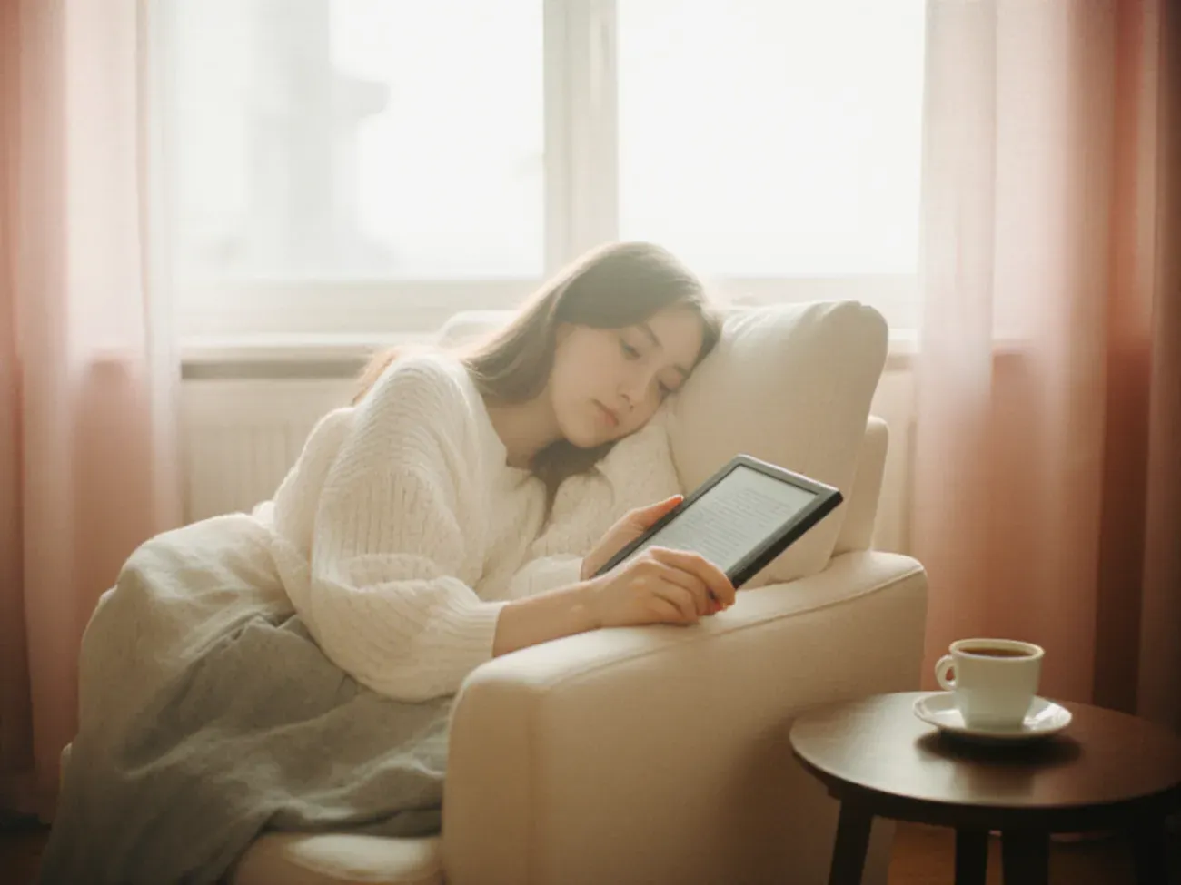 Une future mariée consulte le guide sur sa tablette, installée dans un fauteuil crème